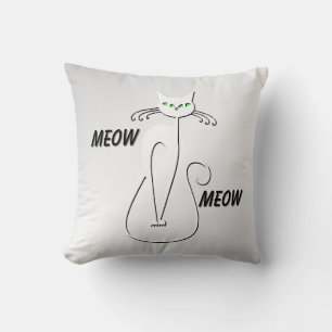 Slinky Black Cat Meow Meow Grüne Augen auf Silber Kissen