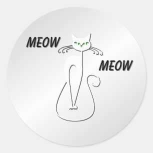 Slinky Black Cat Meow Meow Grüne Augen auf Silber Runder Aufkleber