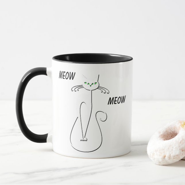 Slinky Black Cat Meow Meow Meow Custom Text Green  Tasse (Mit Donut)