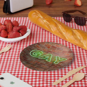 SlipperyJoe beleuchtetes schwules Neon-Schild hell Pappteller