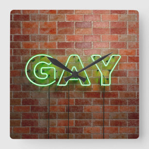 SlipperyJoe beleuchtetes schwules Neon-Schild hell Quadratische Wanduhr