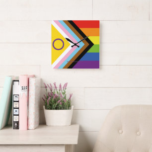 SlipperyJoe Intersex Progress Flag Regenbogen Quadratische Wanduhr