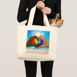 SlipperyJoe lebendiger Regenbogen-Verlaufs-Herz in Jumbo Stoffbeutel