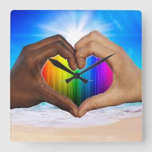 SlipperyJoe lebendiger Regenbogen-Verlaufs-Herz in Quadratische Wanduhr