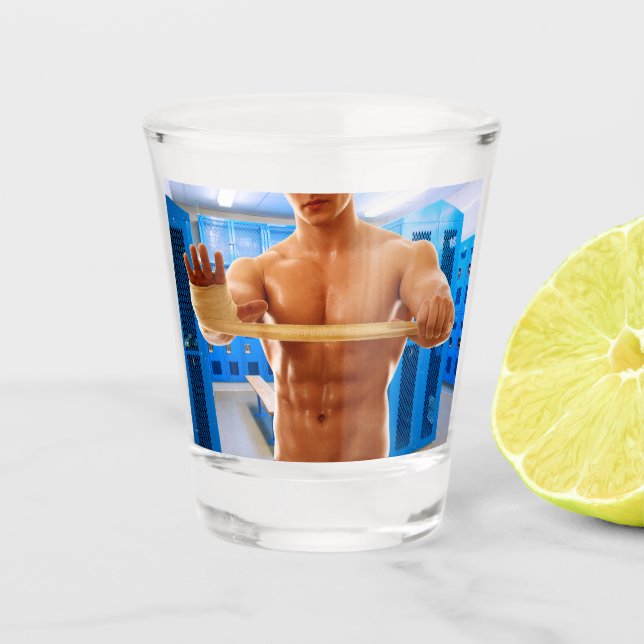 SlipperyJoe Musculus man abs locker Raum gekachelt Schnapsglas (Vorderseite)