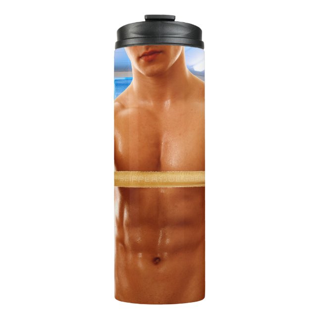 SlipperyJoe Musculus man abs locker Raum gekachelt Thermosbecher (Vorderseite)