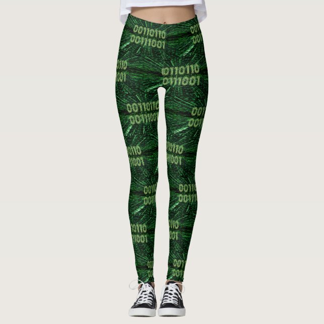 SlipperyJoe's 69 Binärkode, dynamischer grüner Com Leggings (Vorderseite)