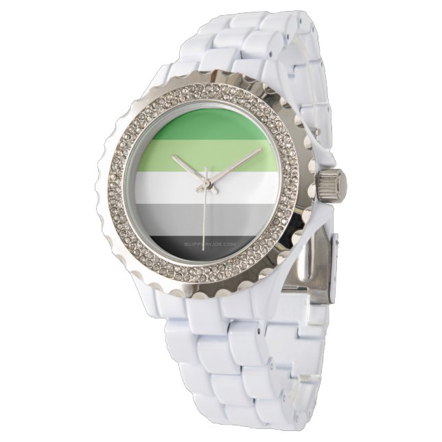 SlipperyJoe's Aromtic Pride Flag Gay Geschenke LGB Armbanduhr (Schrägansicht)