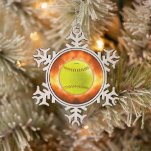 SlipperyJoe's artistic Softball on fire gay gifts  Schneeflocken Zinn-Ornament
