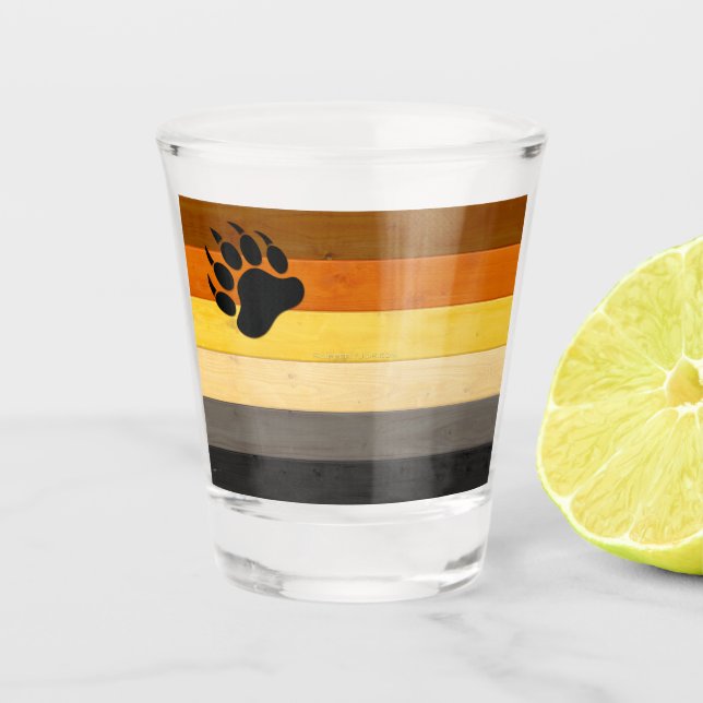 SlipperyJoe's Bärenpride-Fahne Holzbodenstruktur Schnapsglas (Vorderseite)