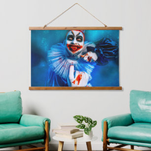 SlipperyJoe's Clown-Outfit Happy Halloween Blut k Wandteppich Mit Holzrahmen