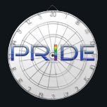 SlipperyJoe's farbenfroher Pride Wort fett metalli Dartscheibe<br><div class="desc">SlipperyJoe's farbenfrohe Pride-Wort fett-metallische blaue Buchstaben Regenbogenstempelflagge feiert Gay Pride-Geschenke LGBTQIA künstlerischen Gradienteneffekt</div>