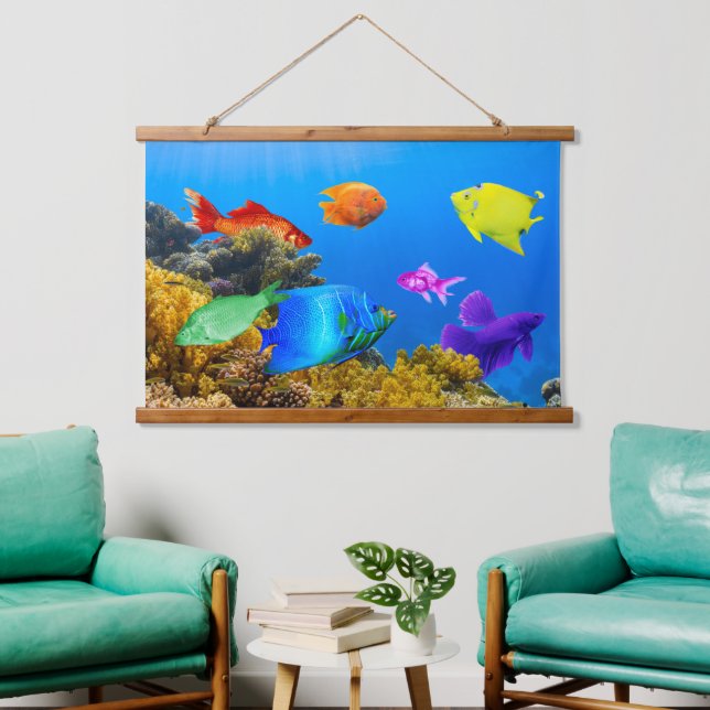 SlipperyJoe's Fish Pride tropisch-grüne blaue Purp Wandteppich Mit Holzrahmen (Wohnzimmer)