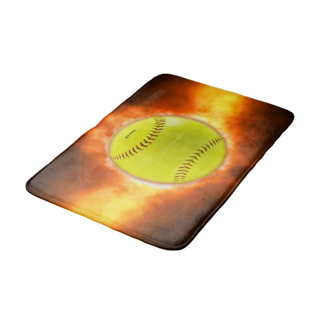 SlipperyJoe's gelbe Softball-Feuerball-Flammenrasp Badematte (Schrägansicht)
