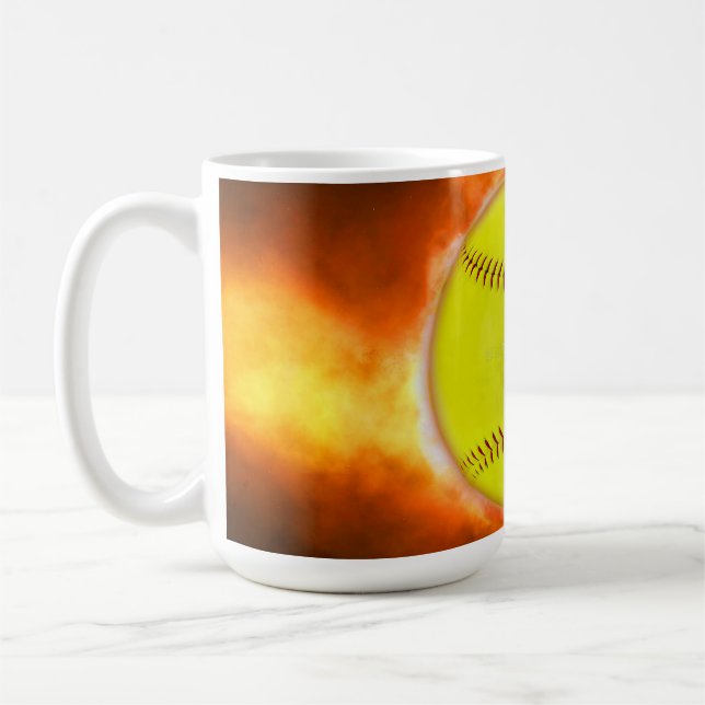 SlipperyJoe's gelbe Softball-Feuerball-Flammenrasp Kaffeetasse (Links)