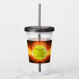 SlipperyJoe's gelber Softball-Feuerball Flammen ra Acryltrinkbecher