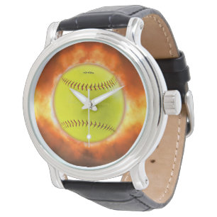 SlipperyJoe's gelber Softball-Feuerball Flammen ra Armbanduhr