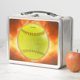 SlipperyJoe's gelber Softball-Feuerball Flammen ra Metall Brotdose