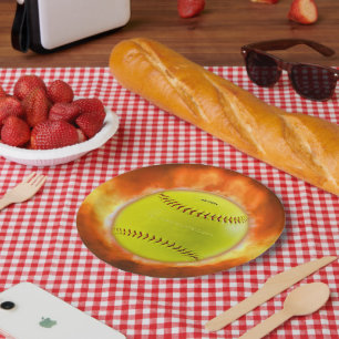 SlipperyJoe's gelber Softball-Feuerball Flammen ra Pappteller