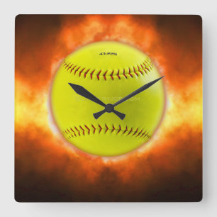 SlipperyJoe's gelber Softball-Feuerball Flammen ra Quadratische Wanduhr