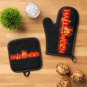 SlipperyJoe's Halloween massive feuersprühende Sch Ofenhandschuh & Topflappen-Set