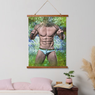 SlipperyJoe's hochmuskelbiger erwachsener Mann obe Wandteppich Mit Holzrahmen