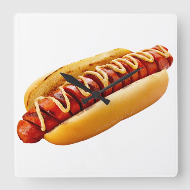 SlipperyJoe's Hot Dog verschachtelt weiche Knochen Quadratische Wanduhr (Vorderseite)