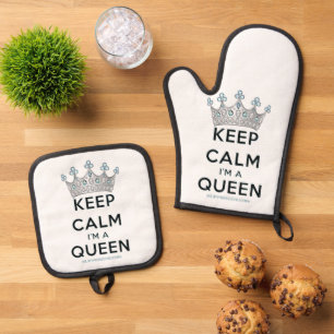 SlipperyJoe's Keep-Calm-Queen poliertes Silber-Kro Ofenhandschuh & Topflappen-Set