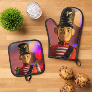 SlipperyJoes klassischer Weihnachts-Spielzeugsolda Ofenhandschuh & Topflappen-Set
