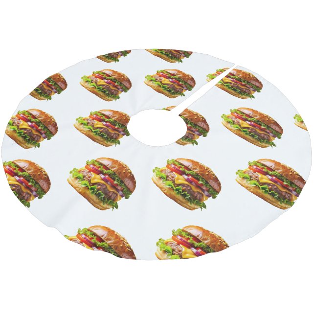 SlipperyJoe's köstlich gestapelte Hamburger-Thic Polyester Weihnachtsbaumdecke (Schrägansicht)
