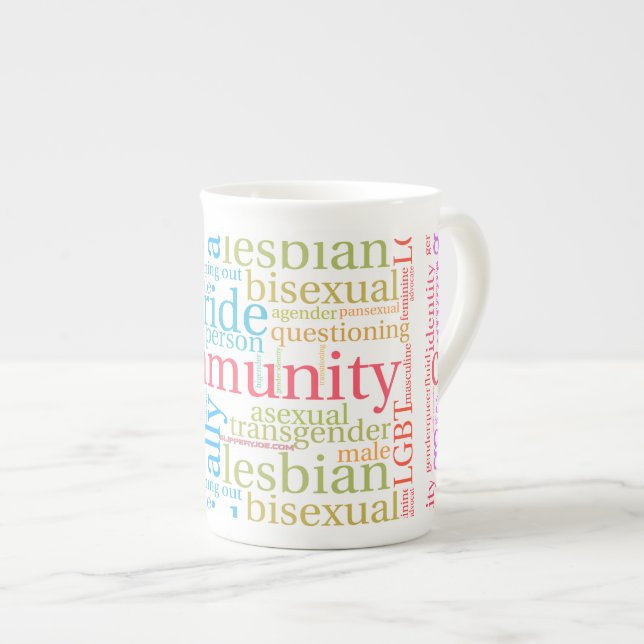 SlipperyJoe's LGBTQ+ Community Wortwolke Prozellantasse (Vorderseite Rechts)