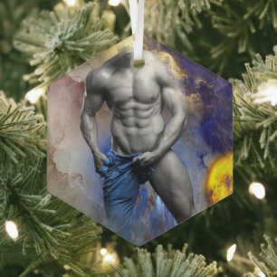 SlipperyJoe's Mann dampfendes hemdloses Sixpack zi Ornament Aus Glas