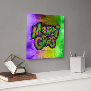 SlipperyJoe's Mardi Gras Kronen lila Goldgrün w Quadratische Wanduhr