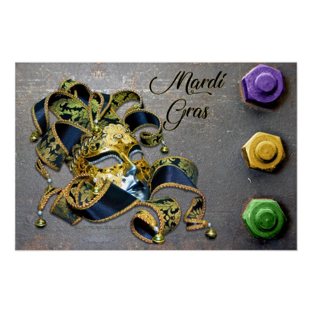 SlipperyJoe's Mardi Gras Mask lila goldgrünes Bl Poster (Vorderseite)