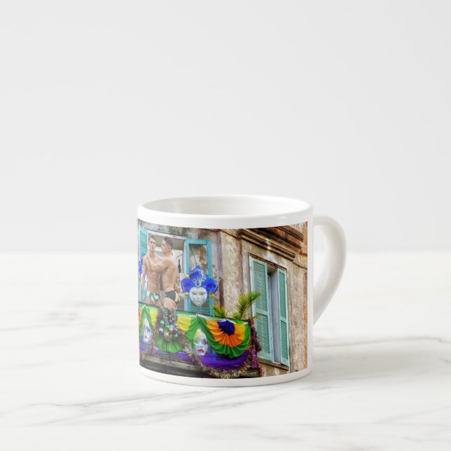 SlipperyJoe's Mardi Gras maskiert Perlendekoration Espressotasse (Vorderseite Rechts)