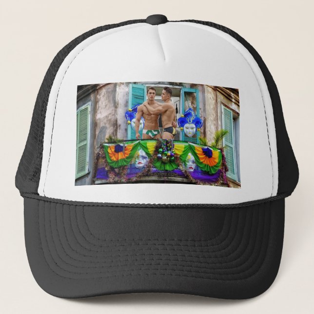 SlipperyJoe's Mardi Gras maskiert Perlendekoration Truckerkappe (Vorderseite)