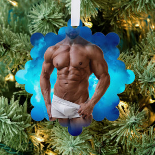 SlipperyJoe's muskulöse, bärtige, weiße Unterwäsch Ornament Karte