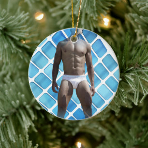 SlipperyJoe's muskulöser Mann Six-Pack-Bauch weiße Keramik Ornament