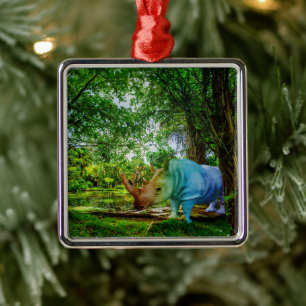 SlipperyJoe's Nashorn üppige tropische Kulisse sto Ornament Aus Metall