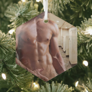 SlipperyJoe's oberkörperfreier muskulöser Männer-T Ornament Aus Glas