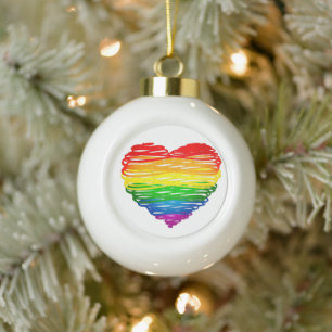 SlipperyJoes regenbogenfarbenes Herz mit kritzelig Keramik Kugel-Ornament