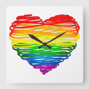 SlipperyJoes regenbogenfarbenes Herz mit kritzelig Quadratische Wanduhr
