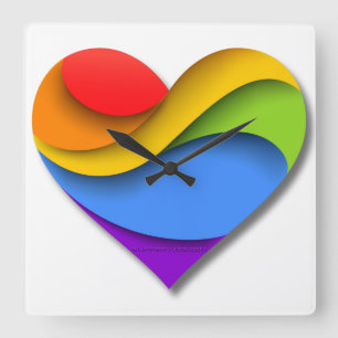 SlipperyJoe's regenbogenförmiges Herz in Rot Orang Quadratische Wanduhr