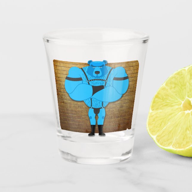 SlipperyJoe's schwuler Muskel Bär Cartoon, während Schnapsglas (Vorderseite)