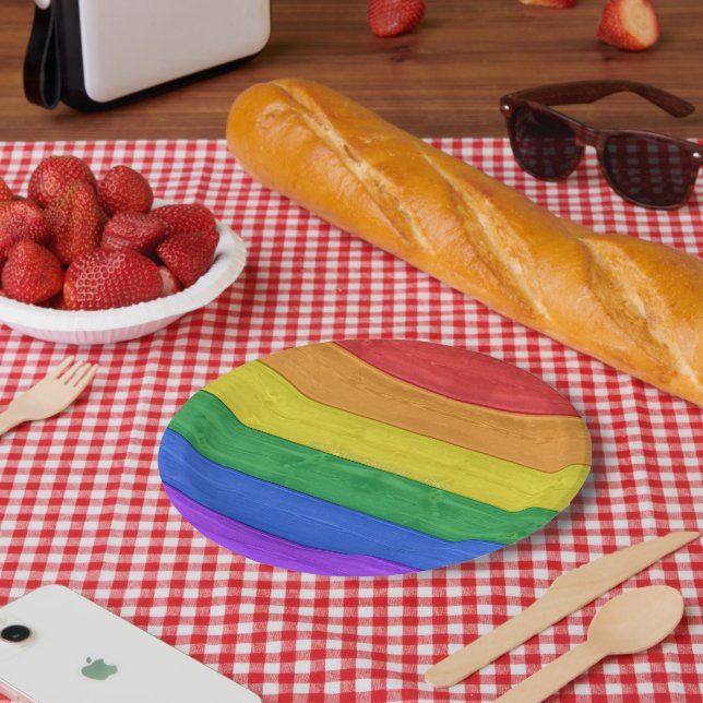 SlipperyJoe's Stolz Holzflagge horizontalen Regenb Pappteller (Picknick)