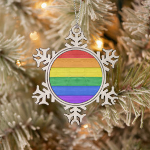 SlipperyJoe's Stolz Holzflagge horizontalen Regenb Schneeflocken Zinn-Ornament