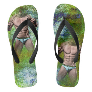 SlipperyJoe's weißer muskulöser sexy Mann Speedo s Flip Flops