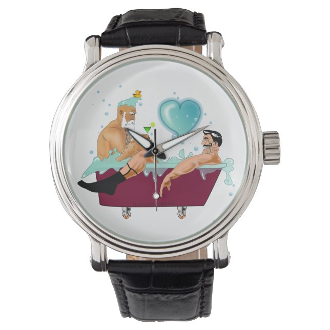 SlipperyJoe's zwei schwule Männer Liebe Cartoon Ba Armbanduhr (Vorderseite)