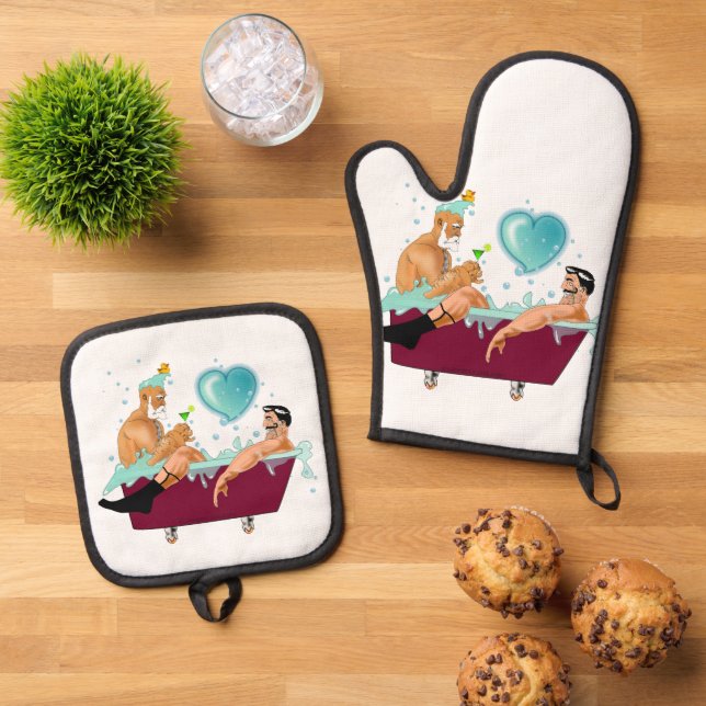 SlipperyJoe's zwei schwule Männer Liebe Cartoon Ba Ofenhandschuh & Topflappen-Set (Oben Unten)