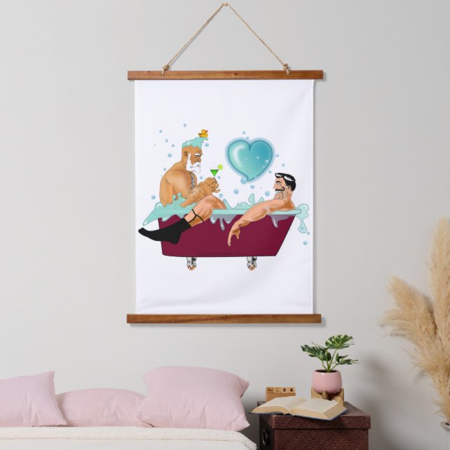 SlipperyJoe's zwei schwule Männer Liebe Cartoon Ba Wandteppich Mit Holzrahmen (Schlafzimmer)